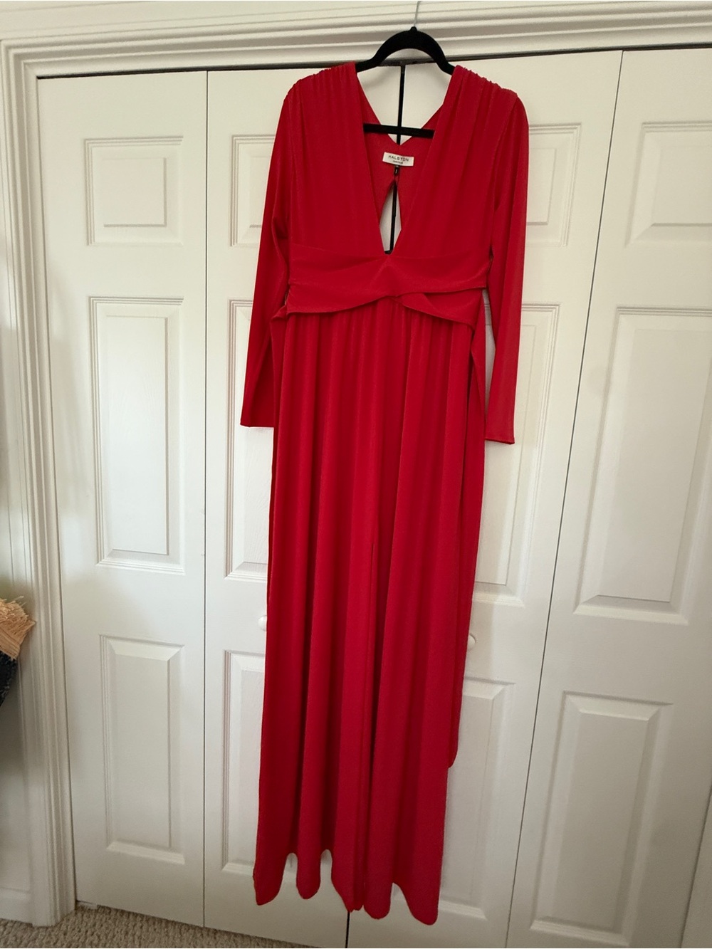 Halston Heritage Red Long-Sleeve V-Neck Maxi Dress